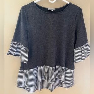 Women’s Pleione Gray Blouse with Gray and White Striped Ruffles
